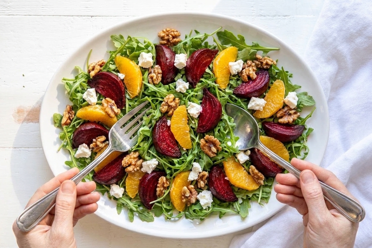 A large platter with arugula topped with roasted beet wedges, orange segments, crumbled feta, and walnuts before being tossed