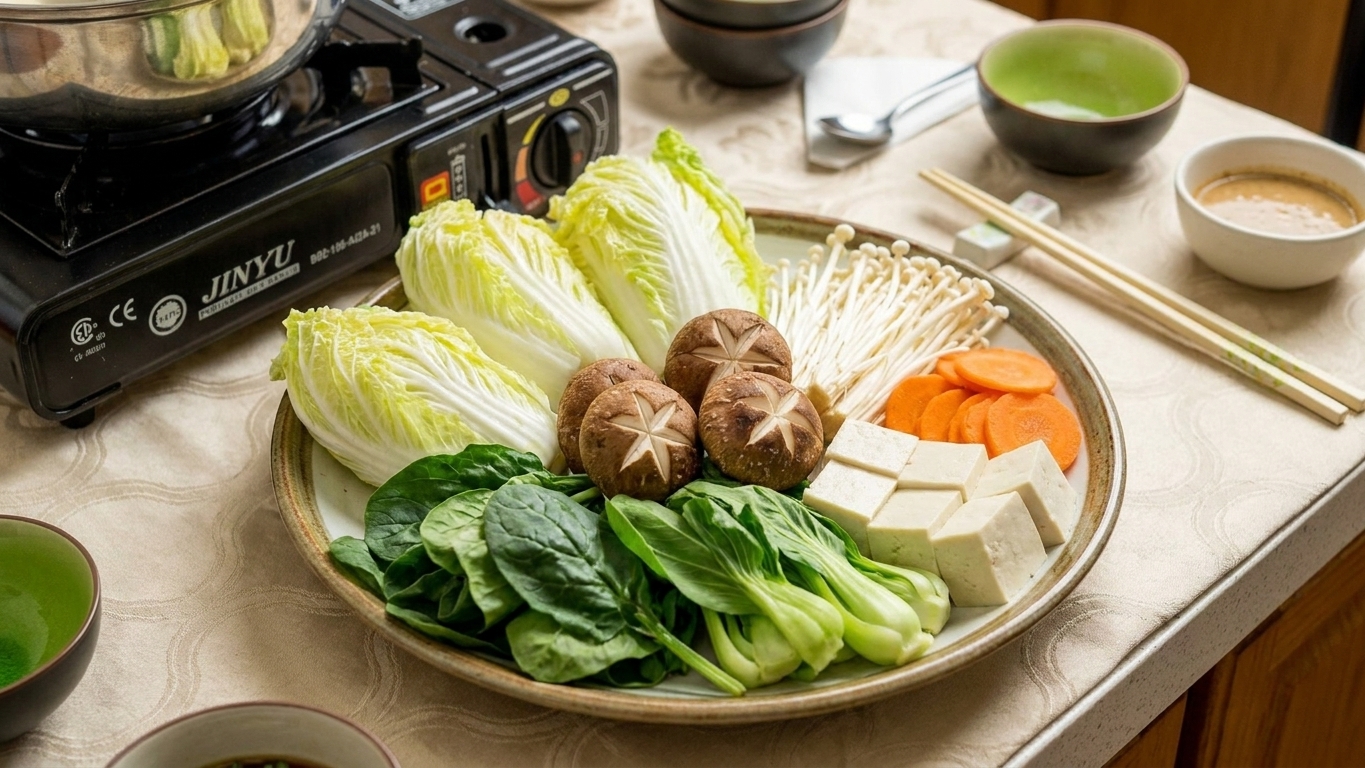 A large platter with napa cabbage, shiitake mushrooms, enoki mushrooms, tofu cubes, sliced carrots, and leafy greens arranged in sections on a kitchen counter
