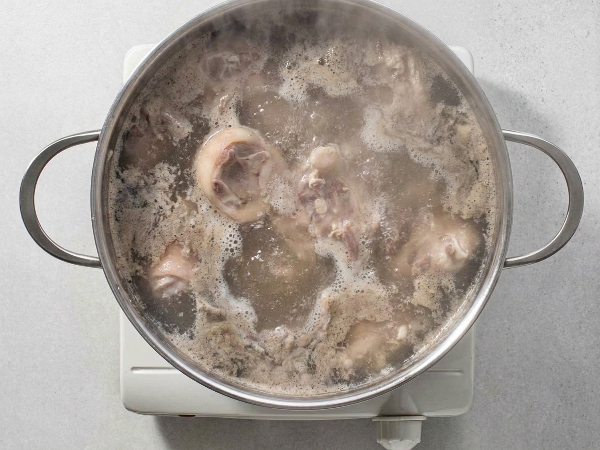 A large pot at a boil with pork bones blanching as foam and scum rise to the surface on a stovetop