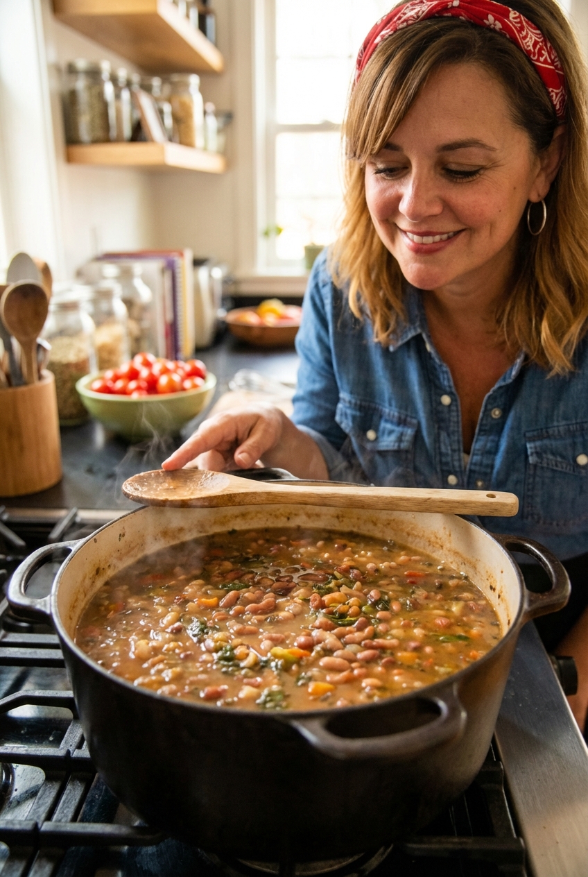 A large pot of bean soup simmering on a stovetop with a wooden spoon resting on the rim
