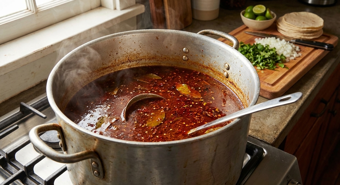 A large pot of birria consomé gently simmering on a stovetop, deep brick-red broth with floating chile and spice specks, steam rising, home kitchen photo