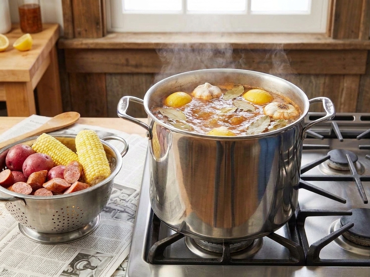 A large pot of boiling seasoned water with lemon halves, garlic heads, and bay leaves floating on the surface