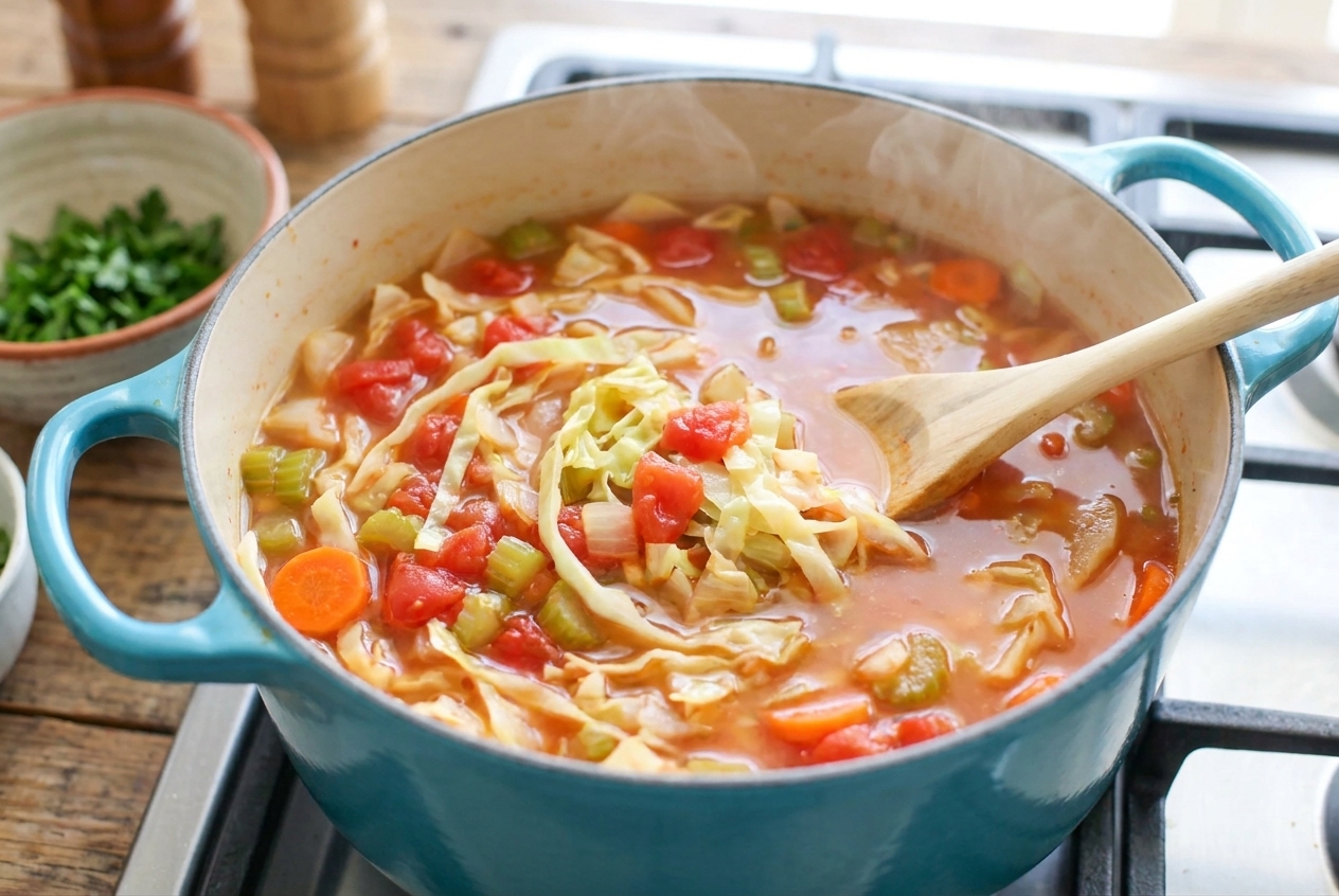 A large pot of cabbage diet soup simmering on a stovetop, with cabbage ribbons, diced tomatoes, celery, and carrots in a clear tomato-tinged broth