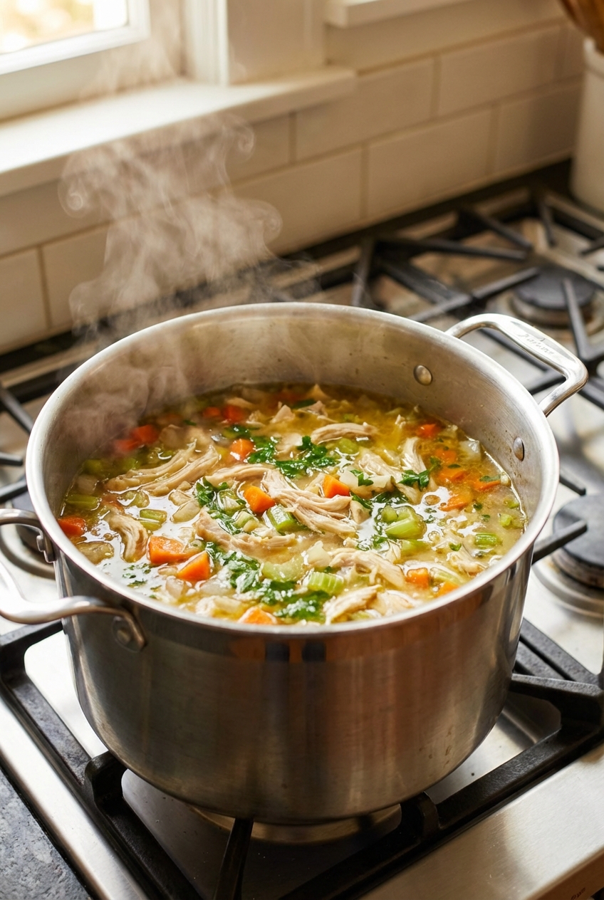 A large pot of chicken soup gently simmering on a stovetop with visible vegetables and chicken
