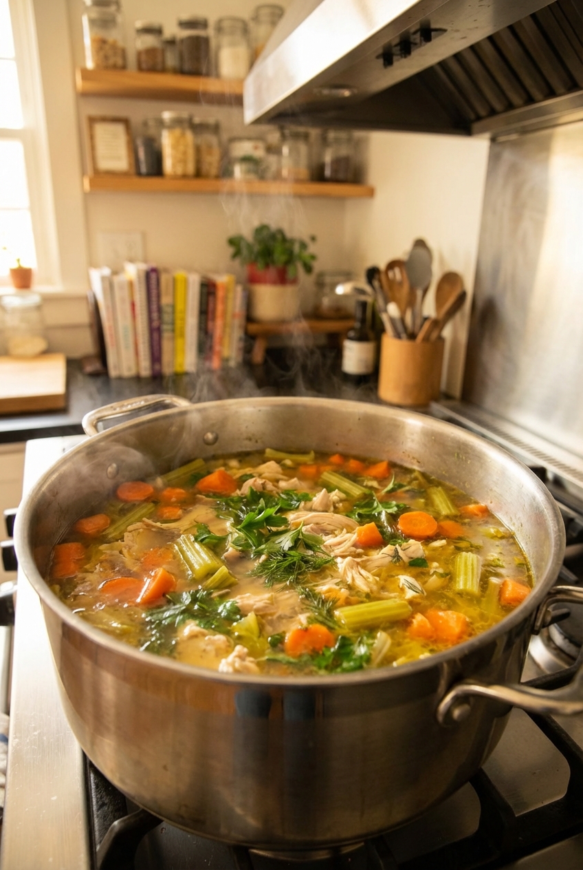A large pot of chicken soup simmering on a stovetop with carrots, celery, and herbs visible in the broth
