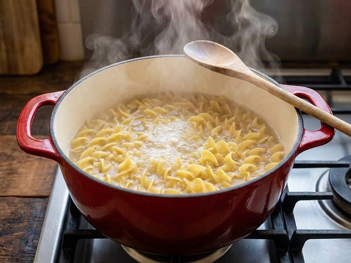 A large pot of egg noodles boiling on a stovetop with steam rising and a wooden spoon resting on the rim