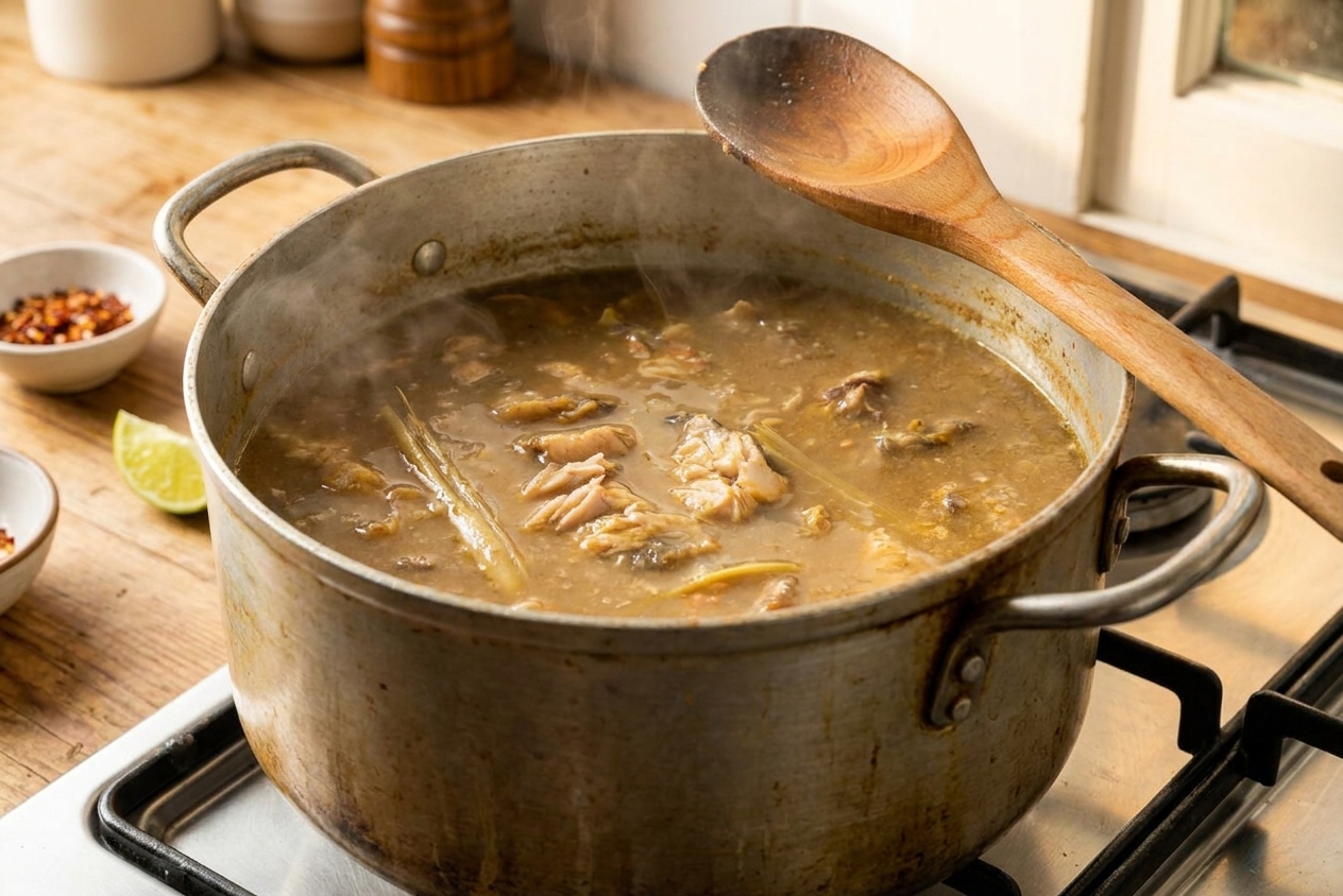 A large pot of mohinga broth simmering on the stove with visible fish flakes and a ladle resting on the rim in warm kitchen light