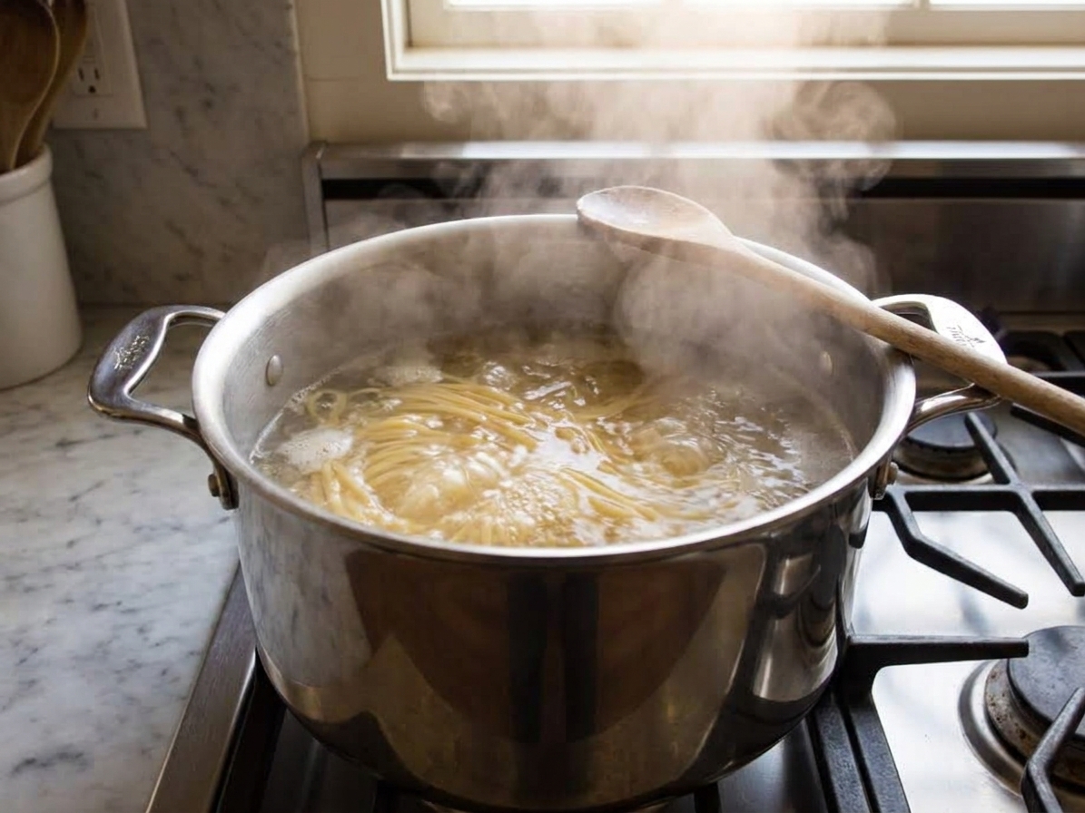 A large pot of pasta boiling in salted water on a home stove with steam rising