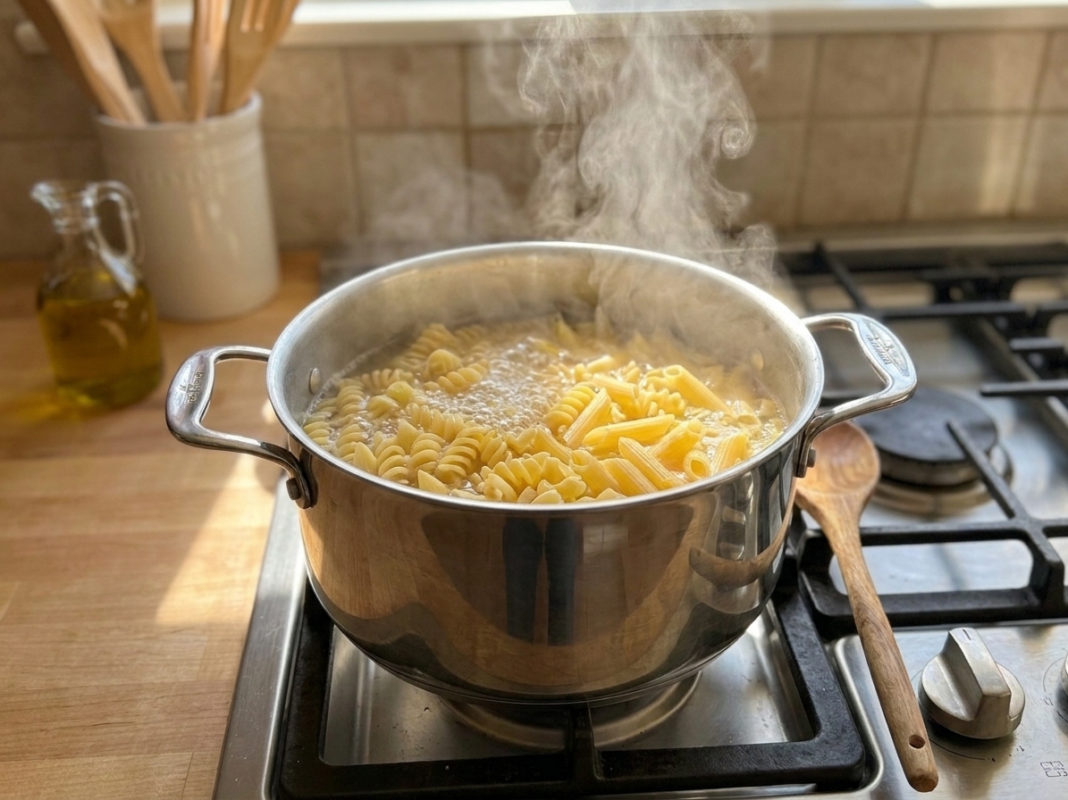 A large pot of pasta boiling on a home stovetop with steam rising under warm kitchen lighting