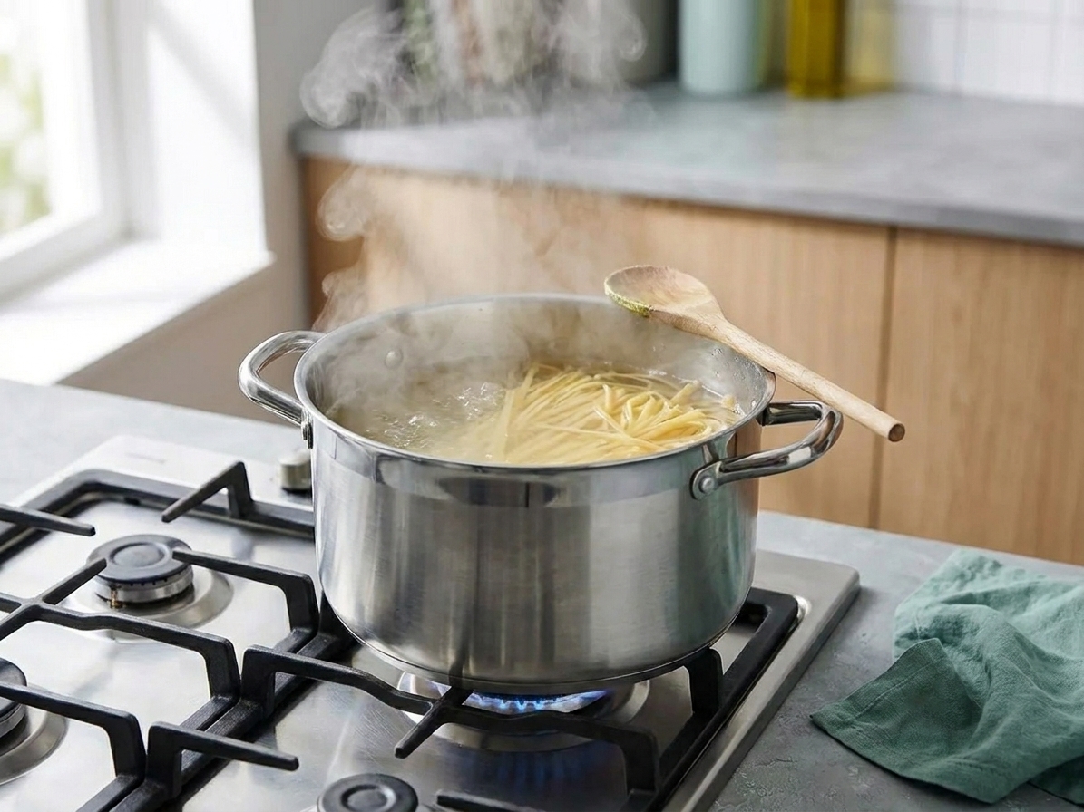 A large pot of pasta boiling on a stovetop with steam rising in a home kitchen