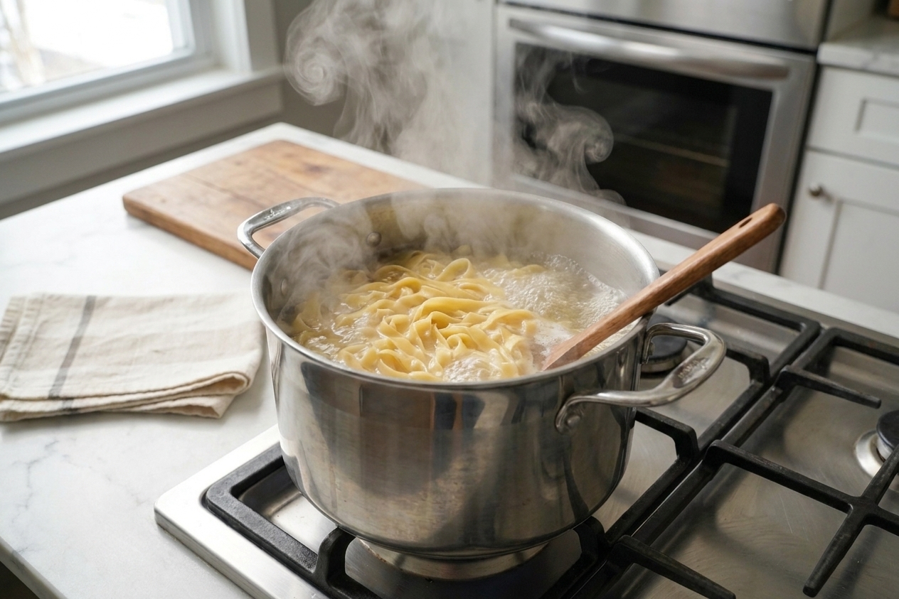 A large pot of pasta boiling on a stovetop with steam rising in a bright home kitchen