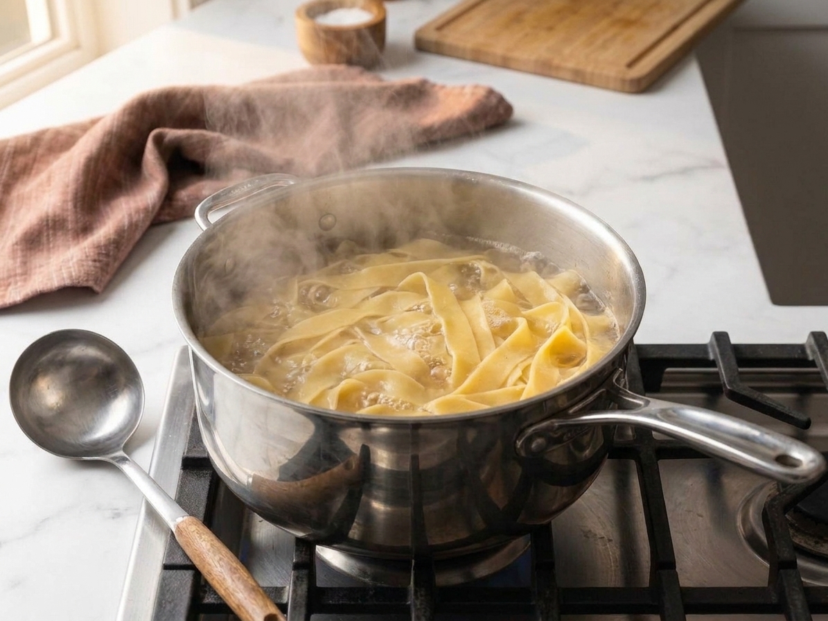 A large pot of pasta boiling on a stovetop with steam rising and a ladle resting nearby