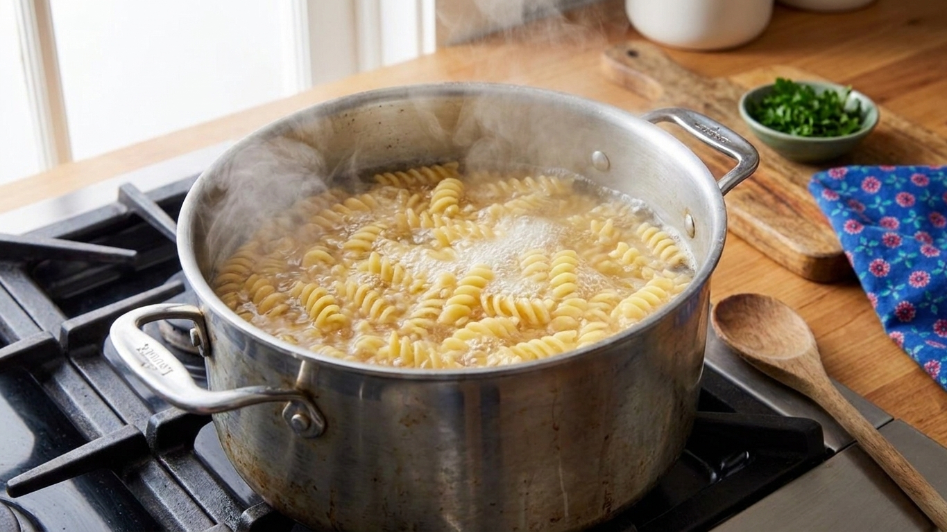 A large pot of pasta boiling on a stovetop with steam rising in a home kitchen