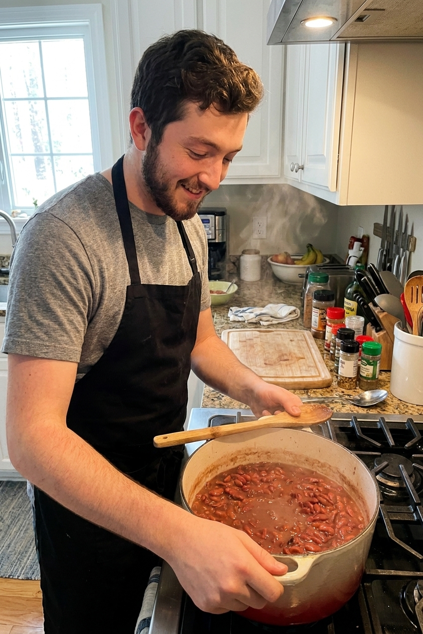 A large pot of red beans simmering on a stovetop with a wooden spoon resting on the rim, steam rising, real home cooking photo