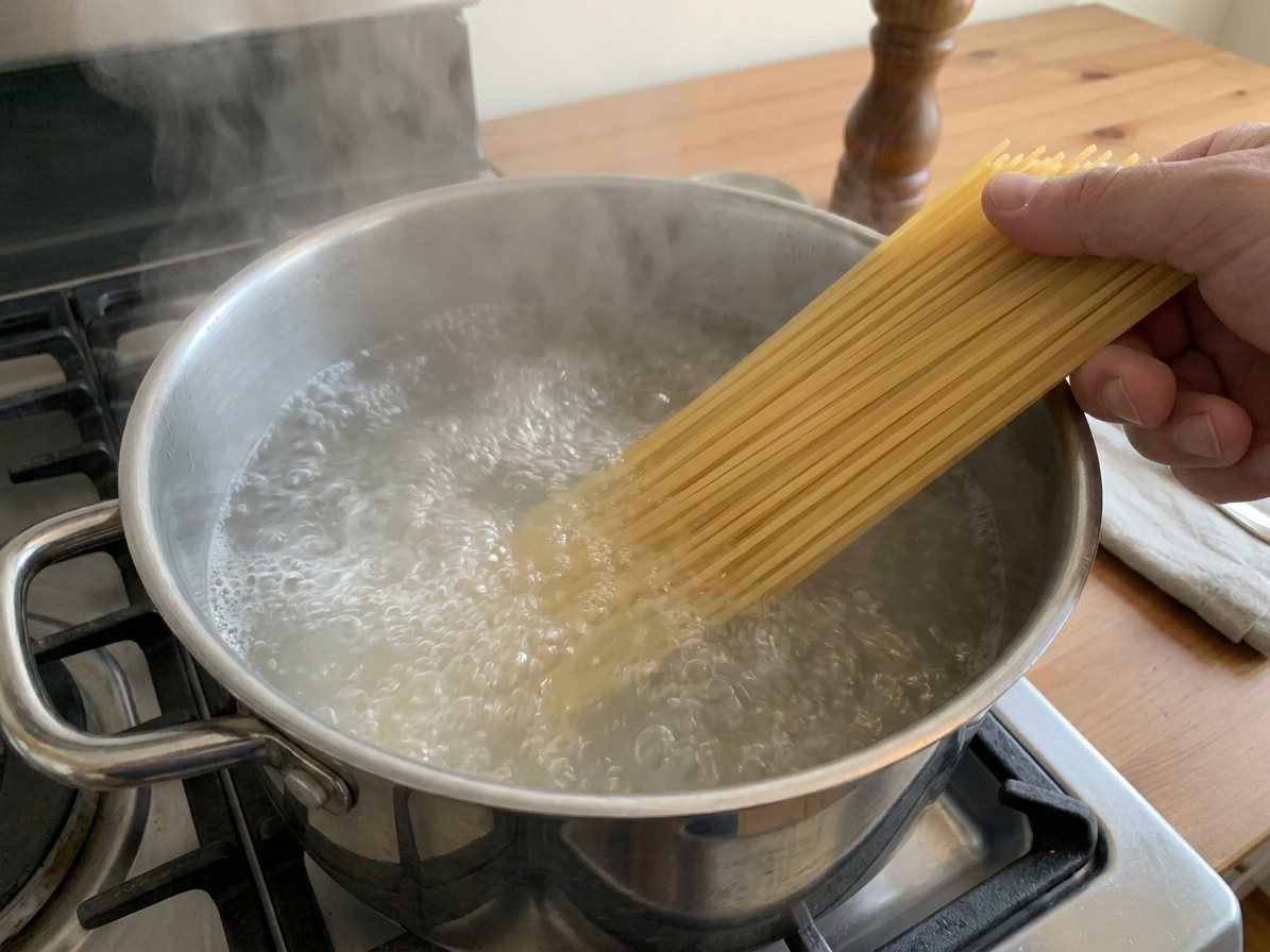 A large pot of salted water at a rolling boil on a stovetop, steam rising, with spaghetti ready to be added