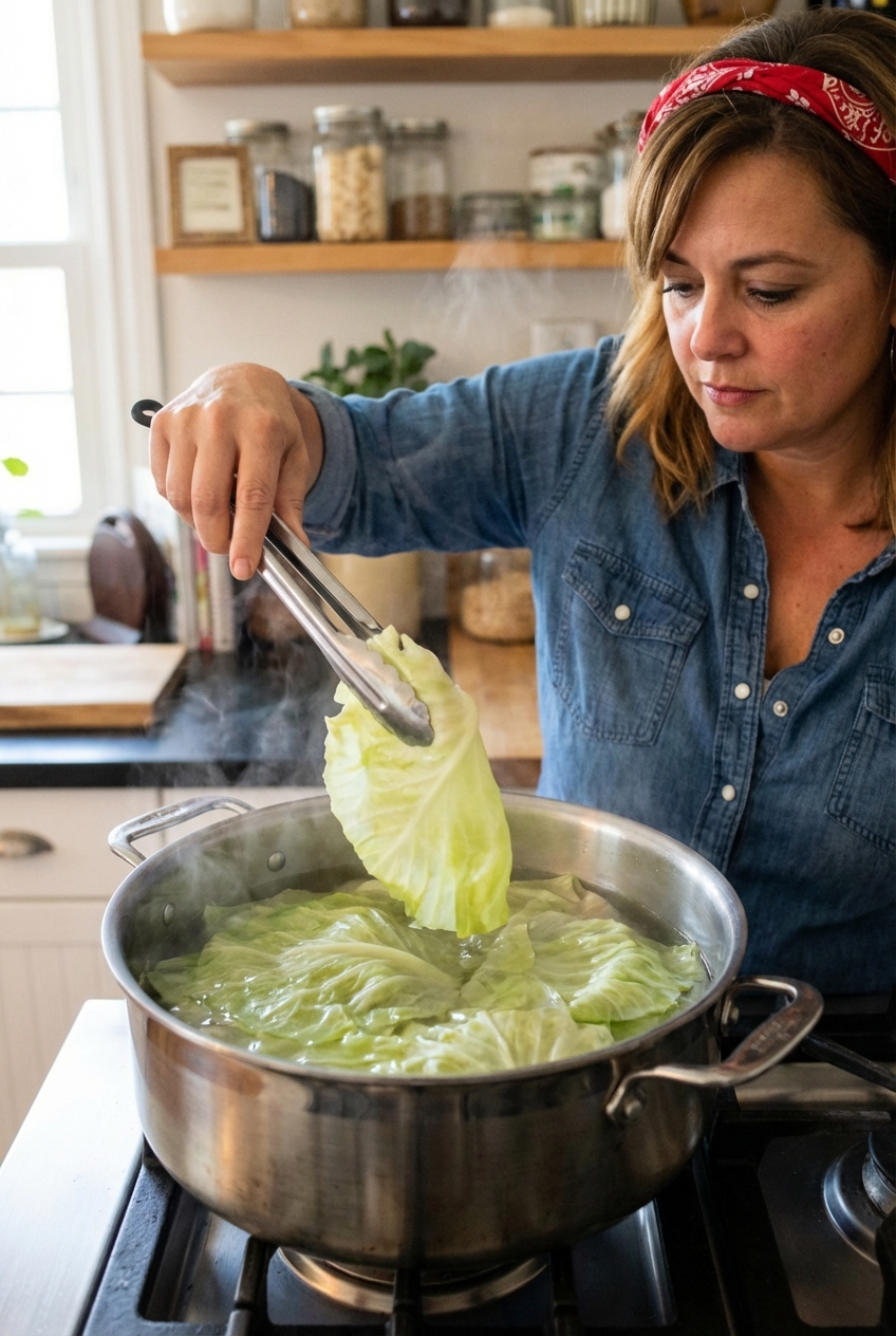 A large pot of simmering water with cabbage leaves being blanched until flexible