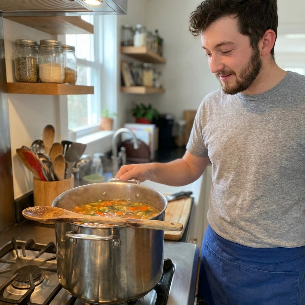 A large pot of soup gently simmering on a stovetop with a wooden spoon resting on the rim
