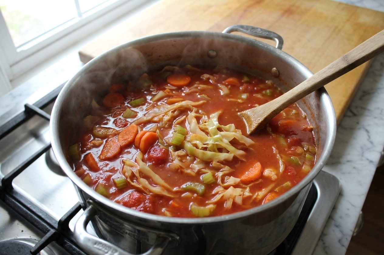 A large pot of tomato-based cabbage soup simmering on a stove, with cabbage ribbons, carrots, and celery in a rich red broth
