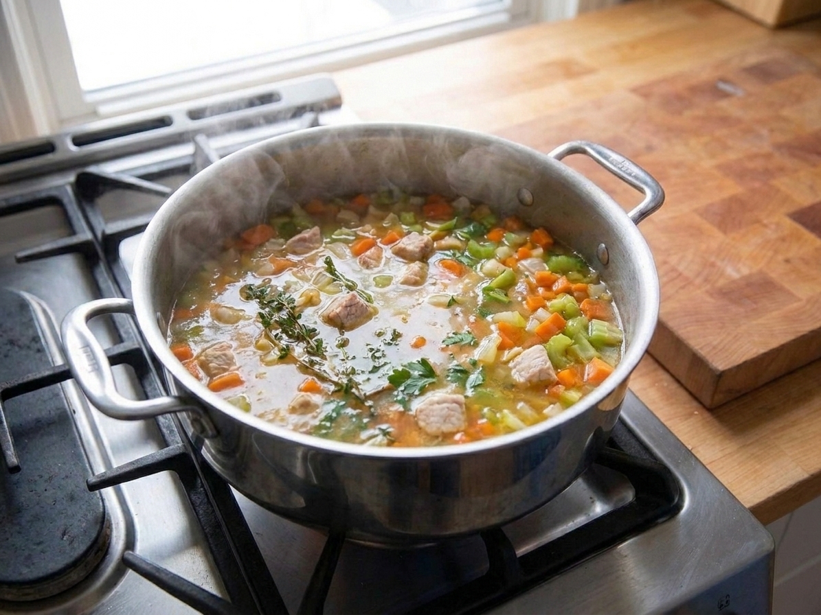 A large pot of turkey soup simmering on the stove with visible carrots, celery, and herbs in the broth