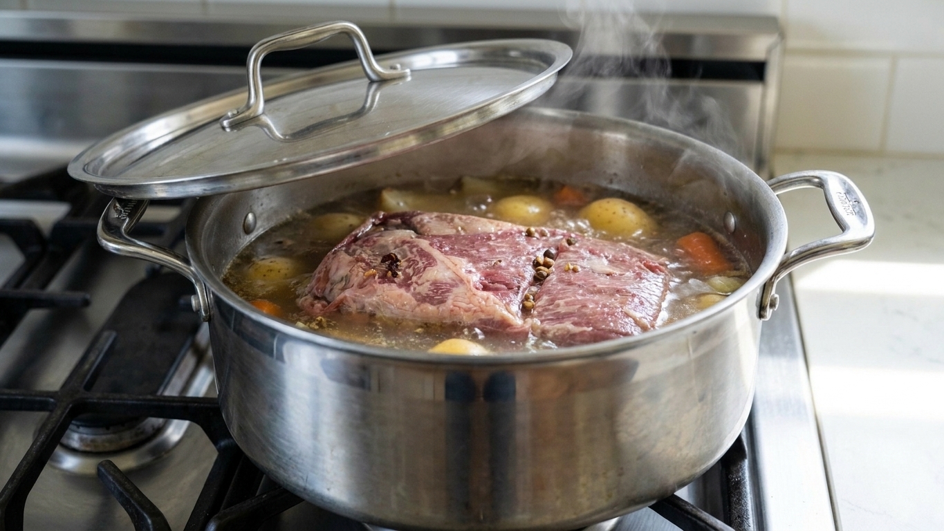 A large pot on a stove at a gentle simmer with corned beef partially submerged, lid slightly ajar and steam rising