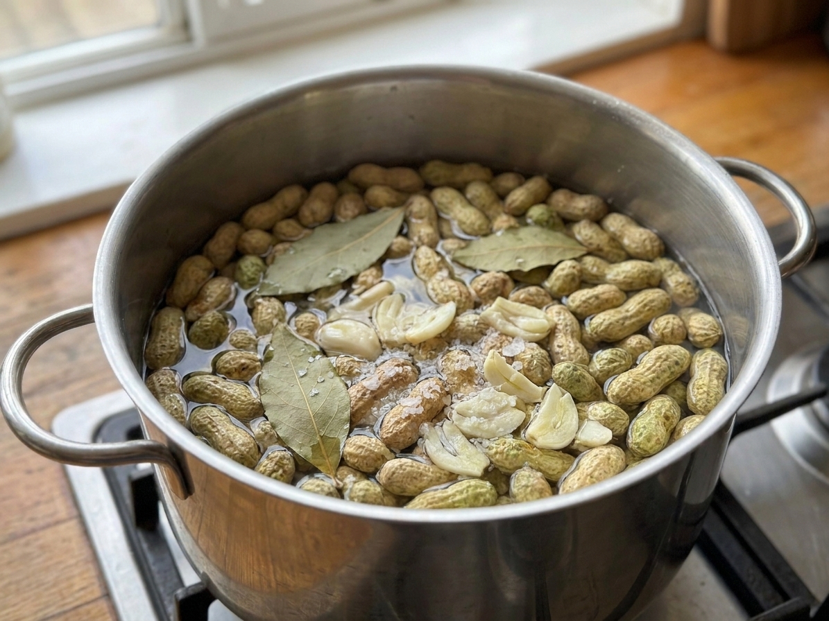 A large pot on a stove filled with water, raw peanuts, kosher salt, bay leaves, and smashed garlic before heating