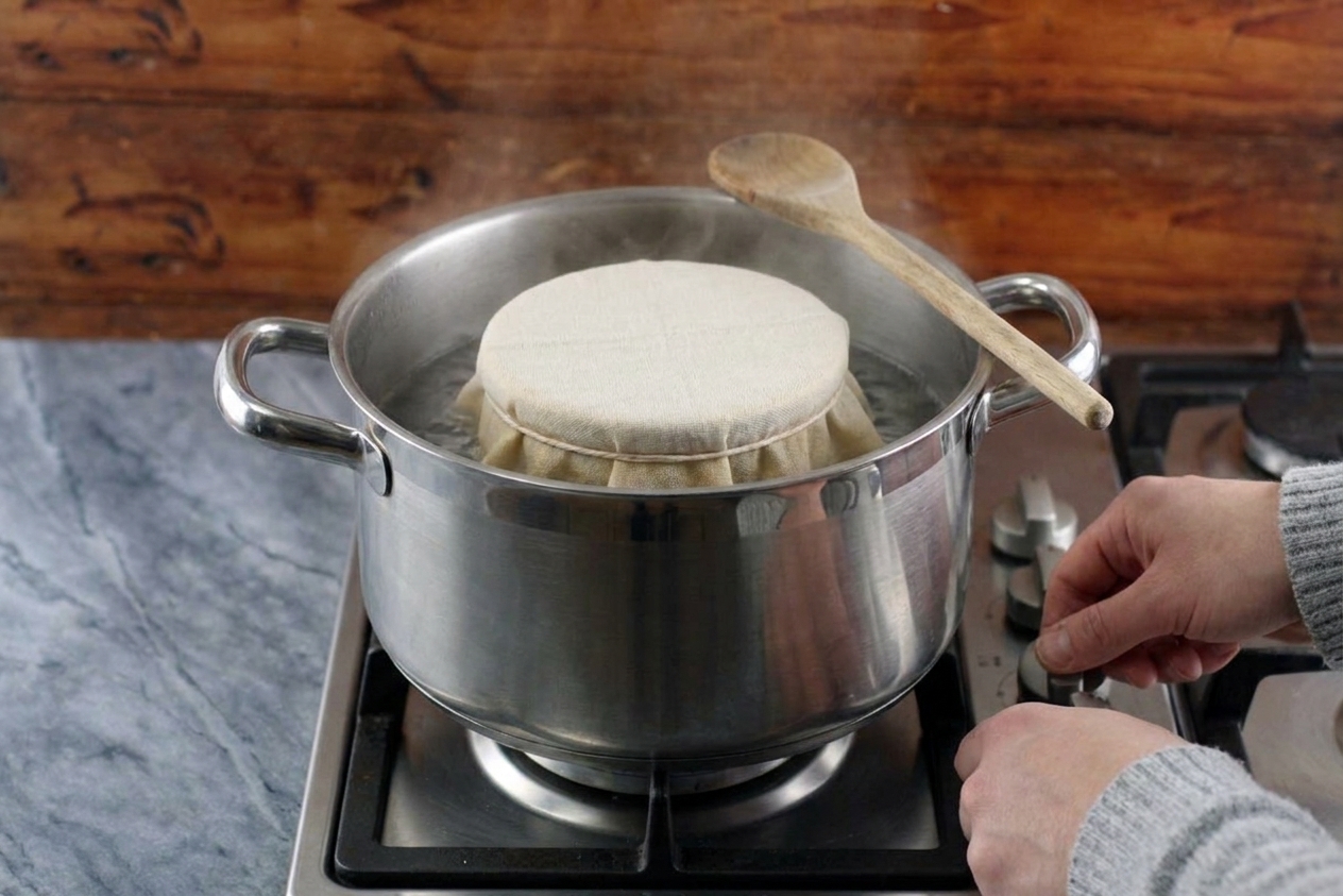 A large pot on a stove gently steaming with a covered pudding basin inside, warm kitchen lighting