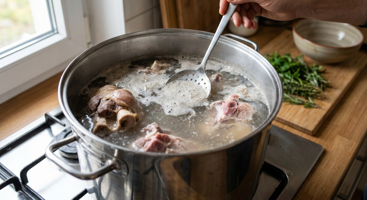 A large pot on a stove with beef and pork bones being parboiled, light foam rising to the surface, home kitchen scene