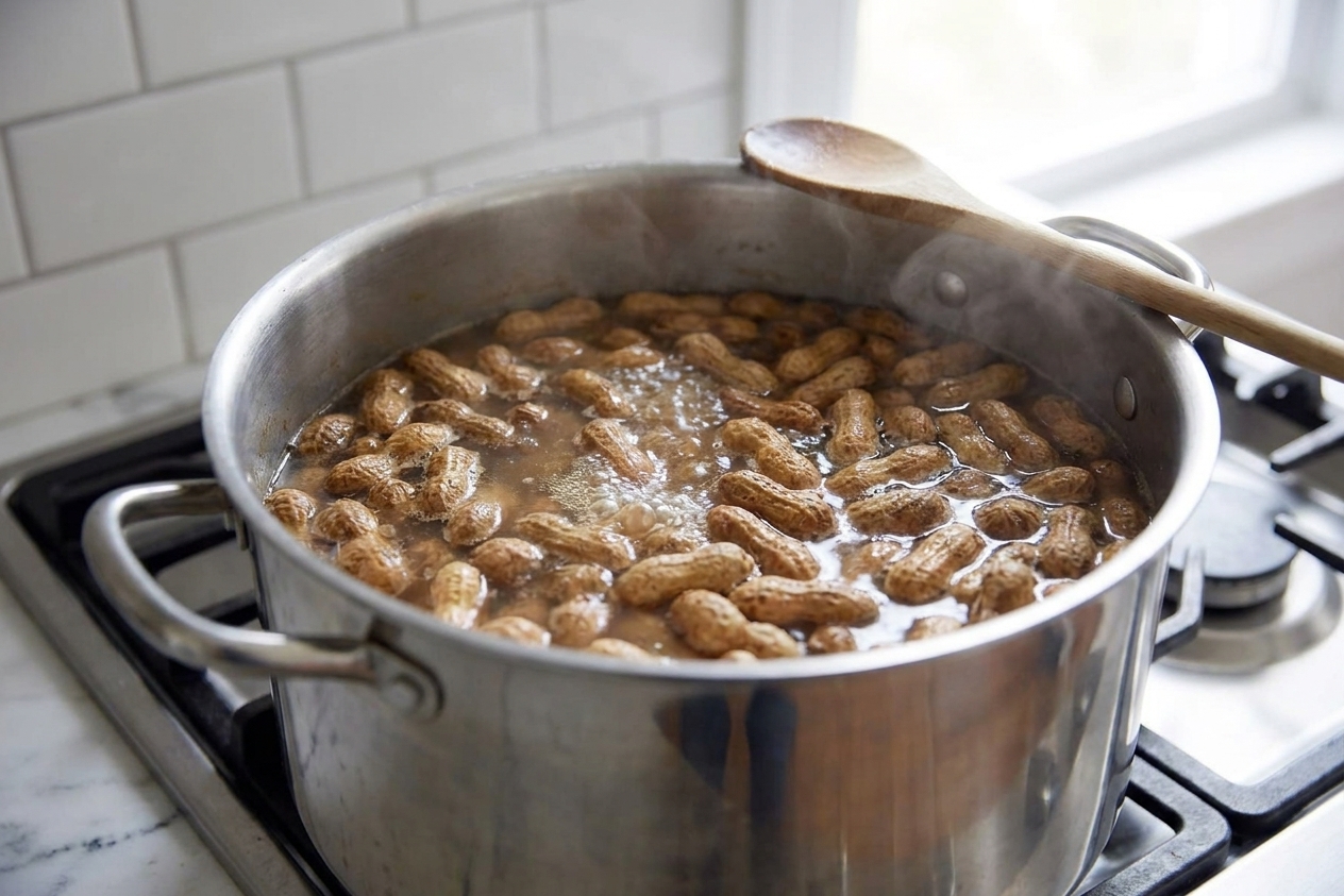 A large pot on a stovetop at a gentle simmer with peanuts in the shell visible in the salty cooking liquid