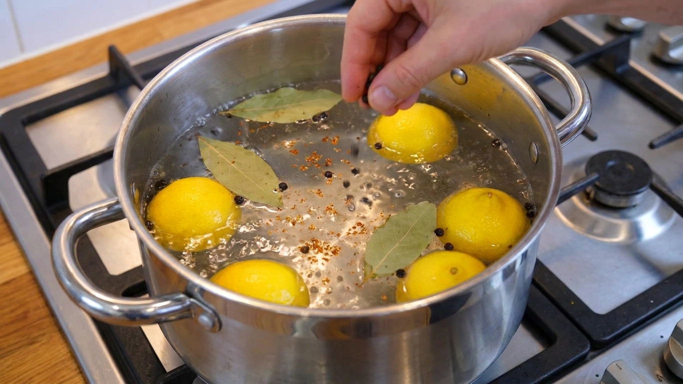 A large pot on a stovetop filled with water, lemon halves, bay leaves, peppercorns, and seasoning ready to come to a boil