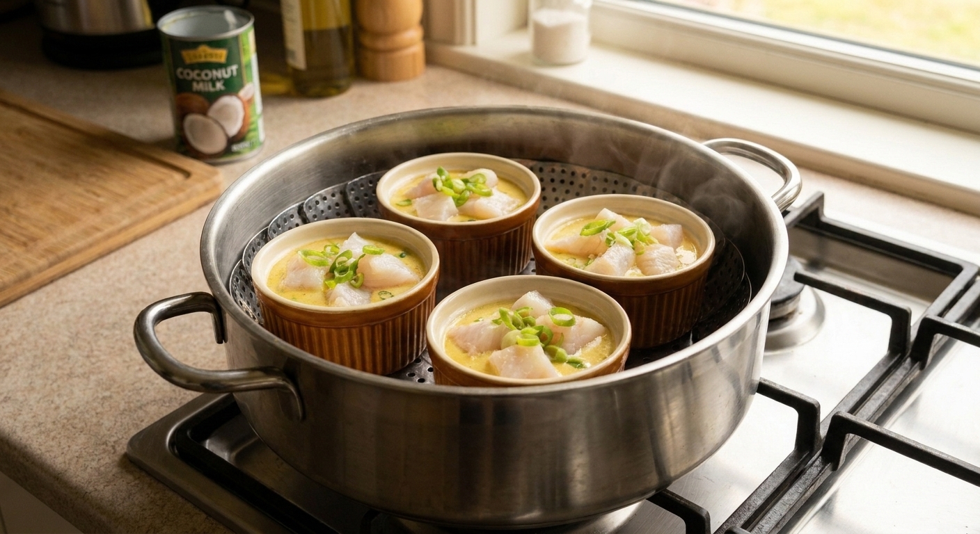 A large pot on a stovetop with a steamer basket inside and four small ramekins arranged and ready for steaming, in a bright home kitchen