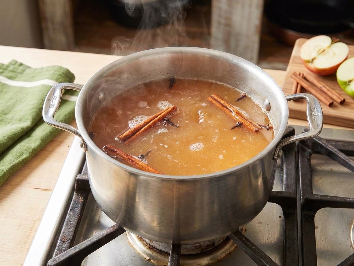 A large pot on a stovetop with apple cider mixture gently simmering and cinnamon sticks visible