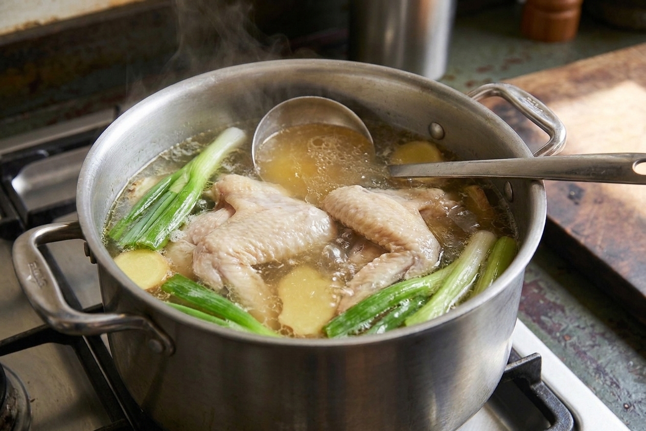 A large pot on a stovetop with clear broth gently simmering, chicken wings and scallions visible, with a ladle resting on the rim