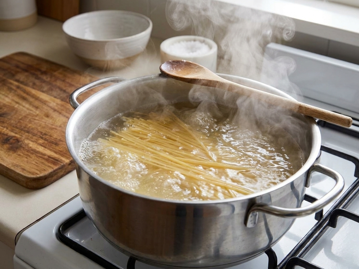 A large pot on a stovetop with spaghetti boiling in salted water, steam rising