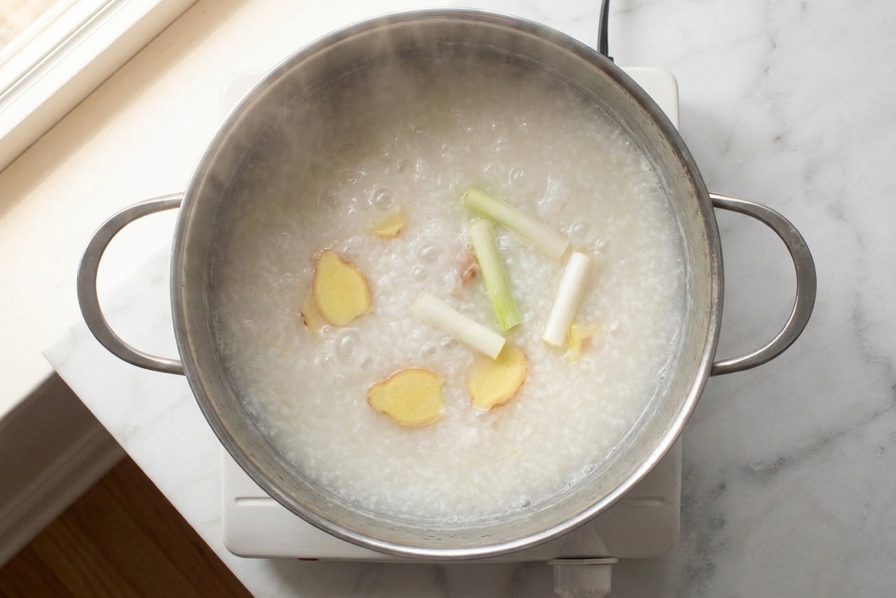 A large pot on the stove with rice porridge starting to simmer, visible ginger slices and scallion whites floating at the surface