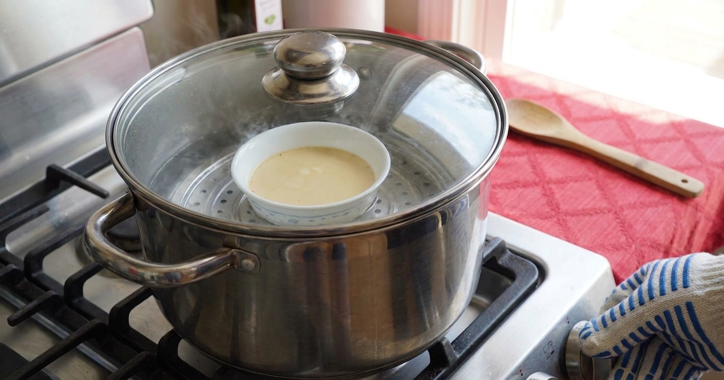 A large pot with a steaming rack inside and gently simmering water, set on a home stove