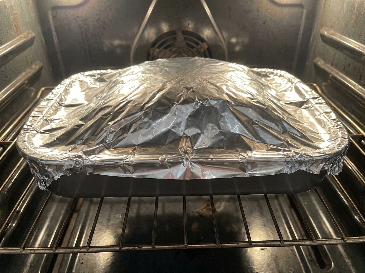 A large roasting pan covered tightly with aluminum foil sitting on an oven rack