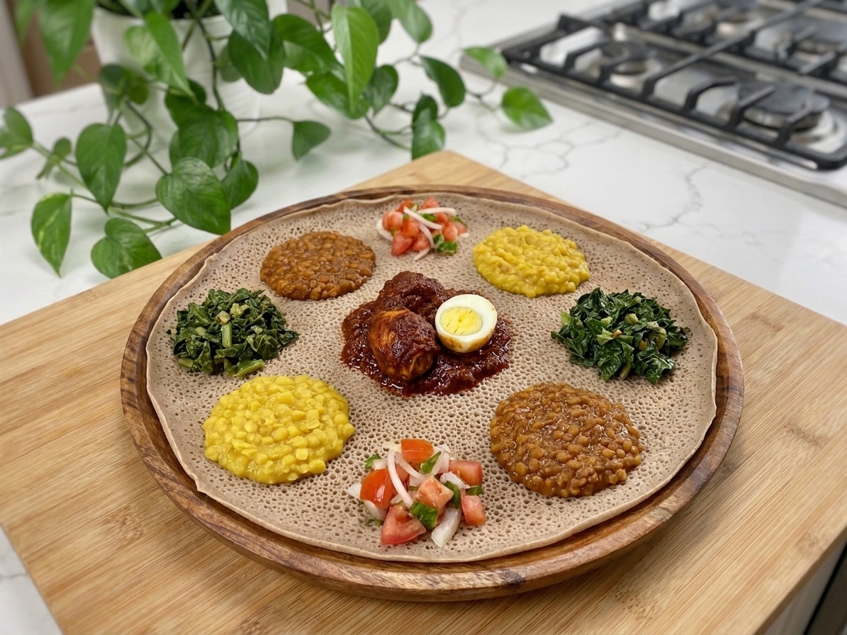A large round injera on a platter with several small servings of colorful Ethiopian stews on top, set on a wooden table with warm natural light