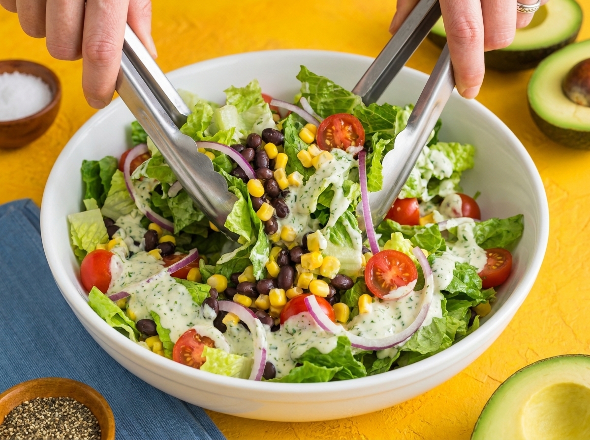 A large salad bowl being tossed with romaine, black beans, corn, tomatoes, and creamy dressing using salad tongs