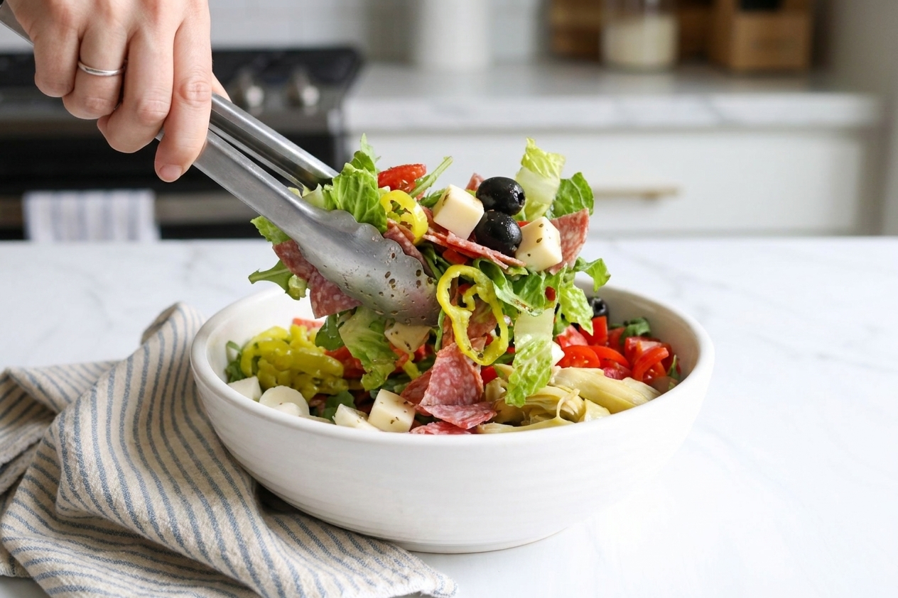 A large salad bowl being tossed with tongs, showing romaine, salami, provolone cubes, olives, pepperoncini, and tomatoes