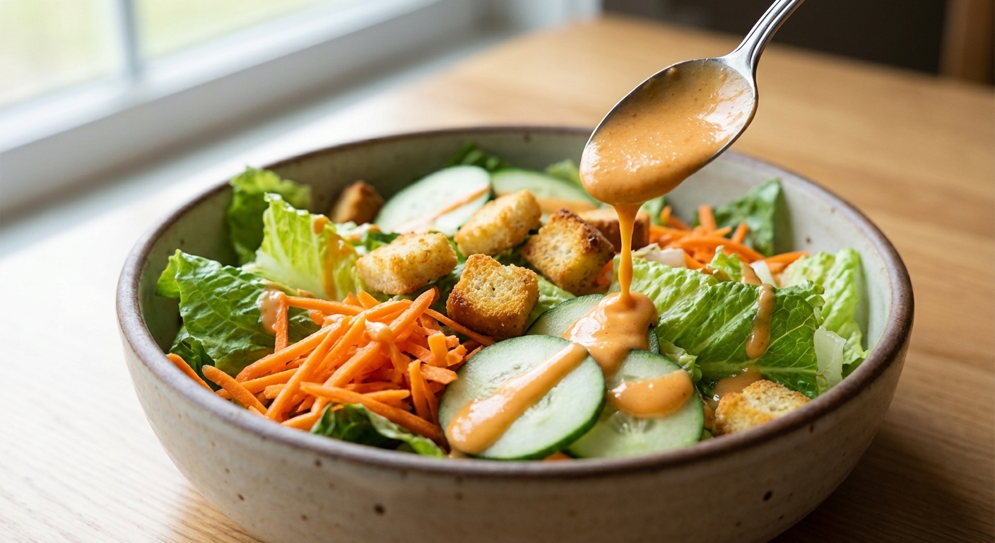 A large salad bowl with romaine, shredded carrots, cucumber slices, and croutons being drizzled with creamy French dressing from a spoon, close-up, natural light, photorealistic food photography