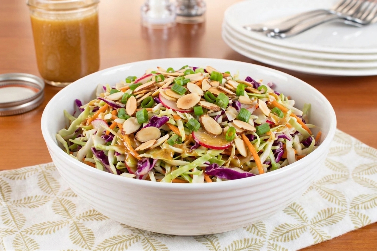 A large serving bowl filled with crunchy cabbage salad tossed in a glossy sesame soy dressing, topped with toasted sliced almonds and green onions on a bright kitchen counter