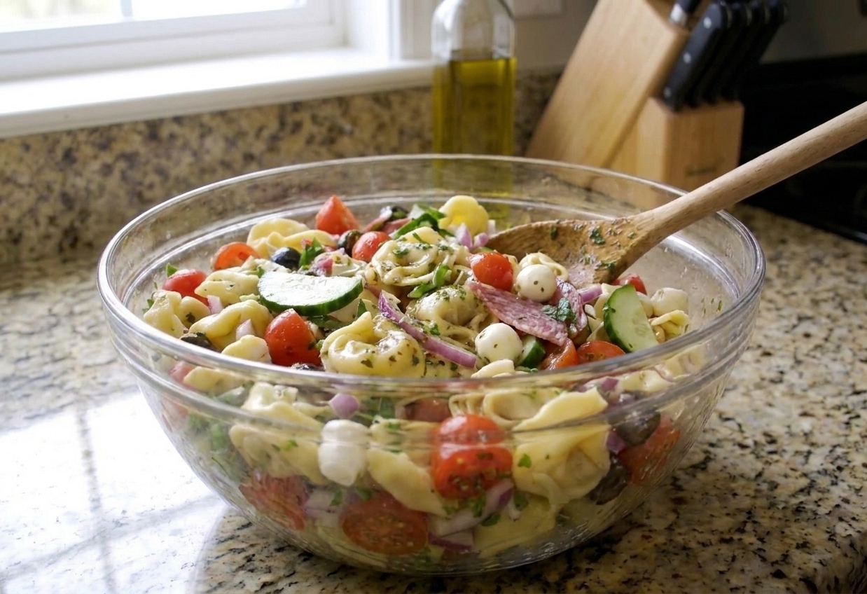 A large serving bowl filled with tortellini pasta salad with cherry tomatoes, mozzarella pearls, salami, cucumbers, and herbs on a bright kitchen counter