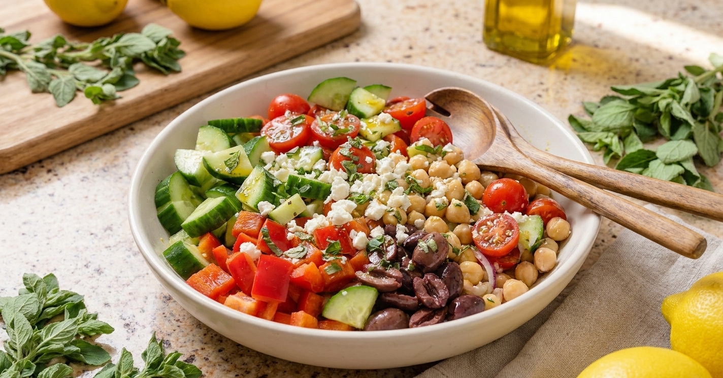 A large serving bowl of Mediterranean salad with cucumbers, tomatoes, chickpeas, kalamata olives, feta, and fresh herbs on a sunlit kitchen counter