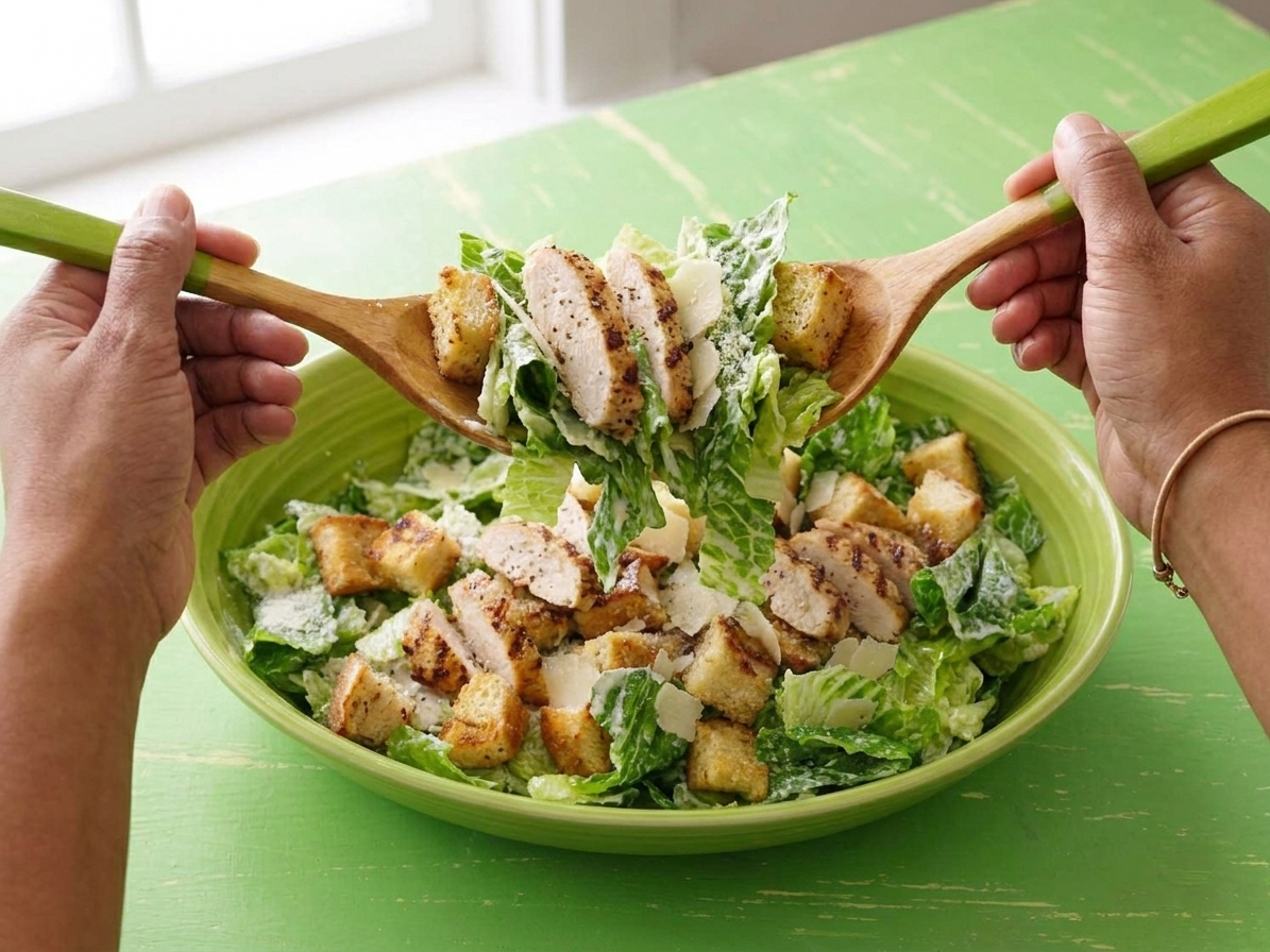 A large serving bowl of chicken Caesar salad being tossed with tongs, with romaine, sliced chicken, croutons, and Parmesan