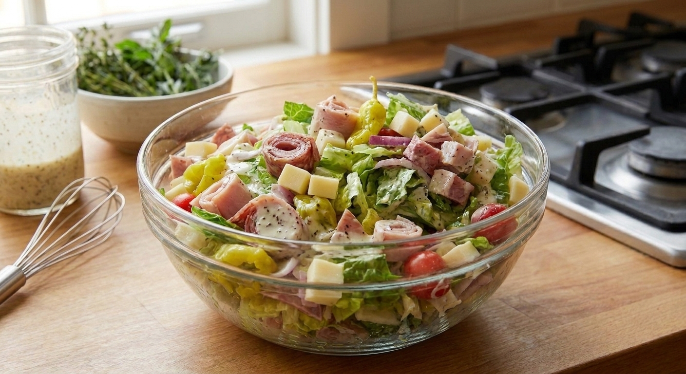 A large serving bowl of grinder salad with chopped romaine, ribbons of salami and ham, provolone cubes, sliced red onion, pepperoncini, and a creamy dressing glossing the leaves on a bright kitchen counter