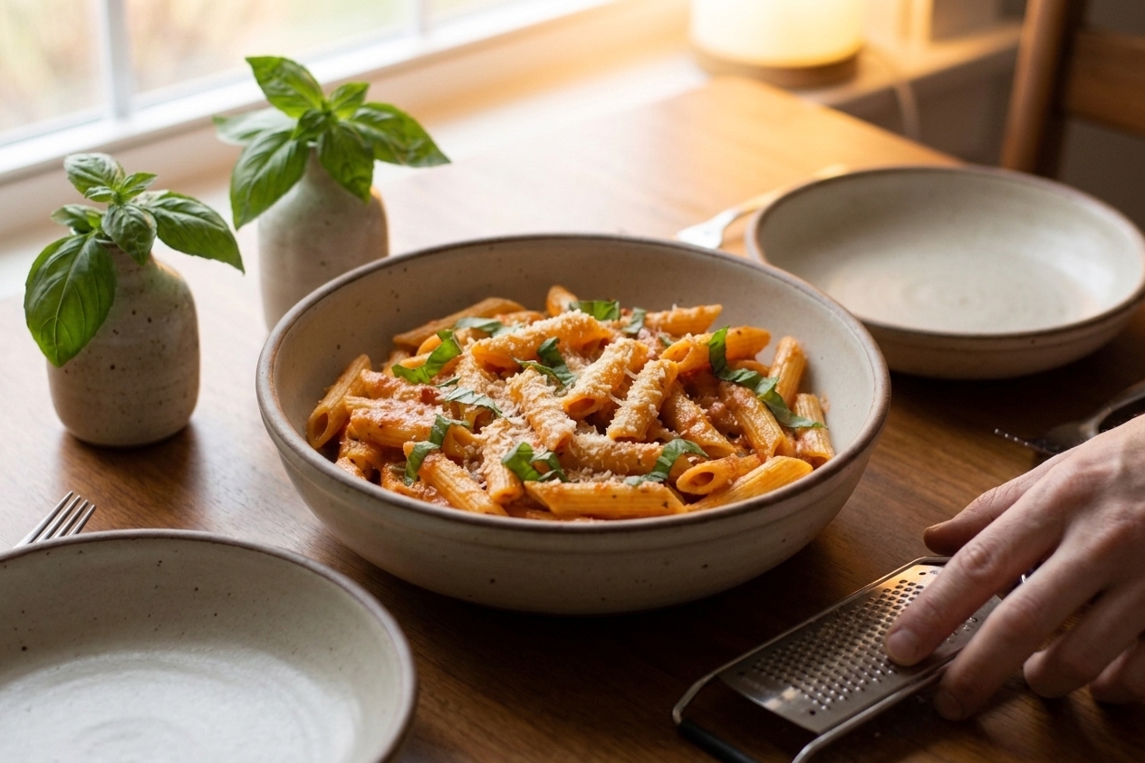 A large serving bowl of penne pasta on a dinner table set with plates, a Parmesan grater, and a small vase, warm evening kitchen light