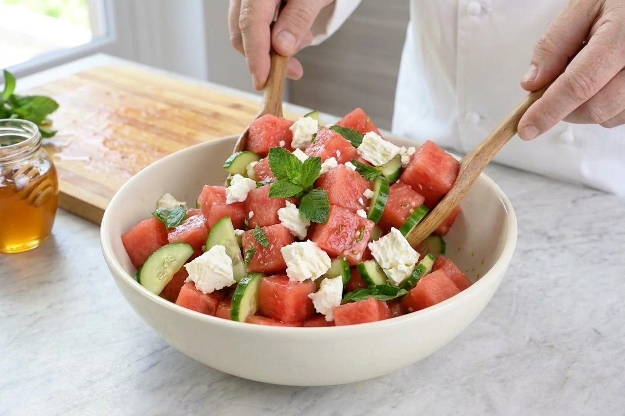 A large serving bowl of watermelon feta salad with cucumber, fresh mint, and flaky feta on a light stone kitchen counter in soft natural light
