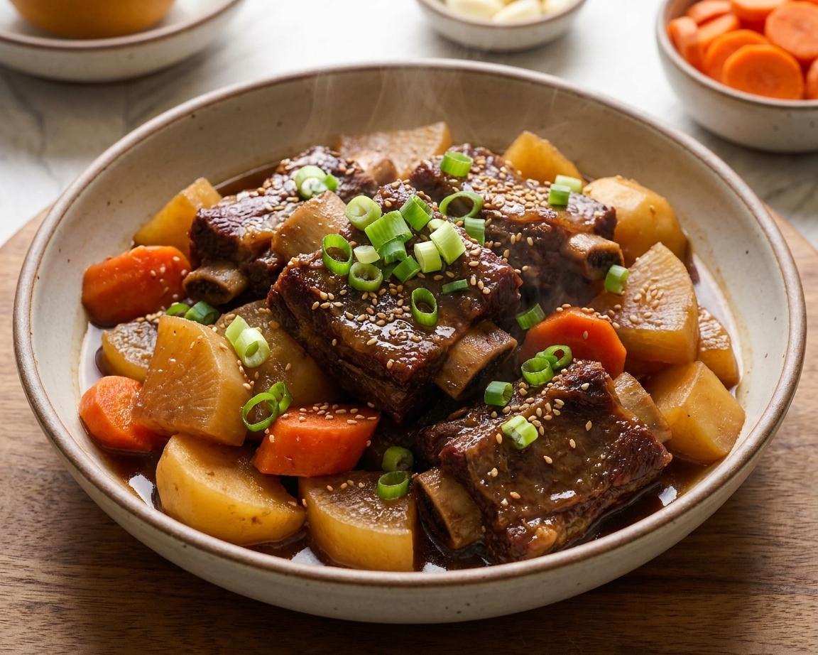 A large shallow bowl of galbi jjim with glossy braised short ribs, carrots, potatoes, and radish in a rich brown sauce, garnished with sliced scallions and toasted sesame seeds on a wooden table