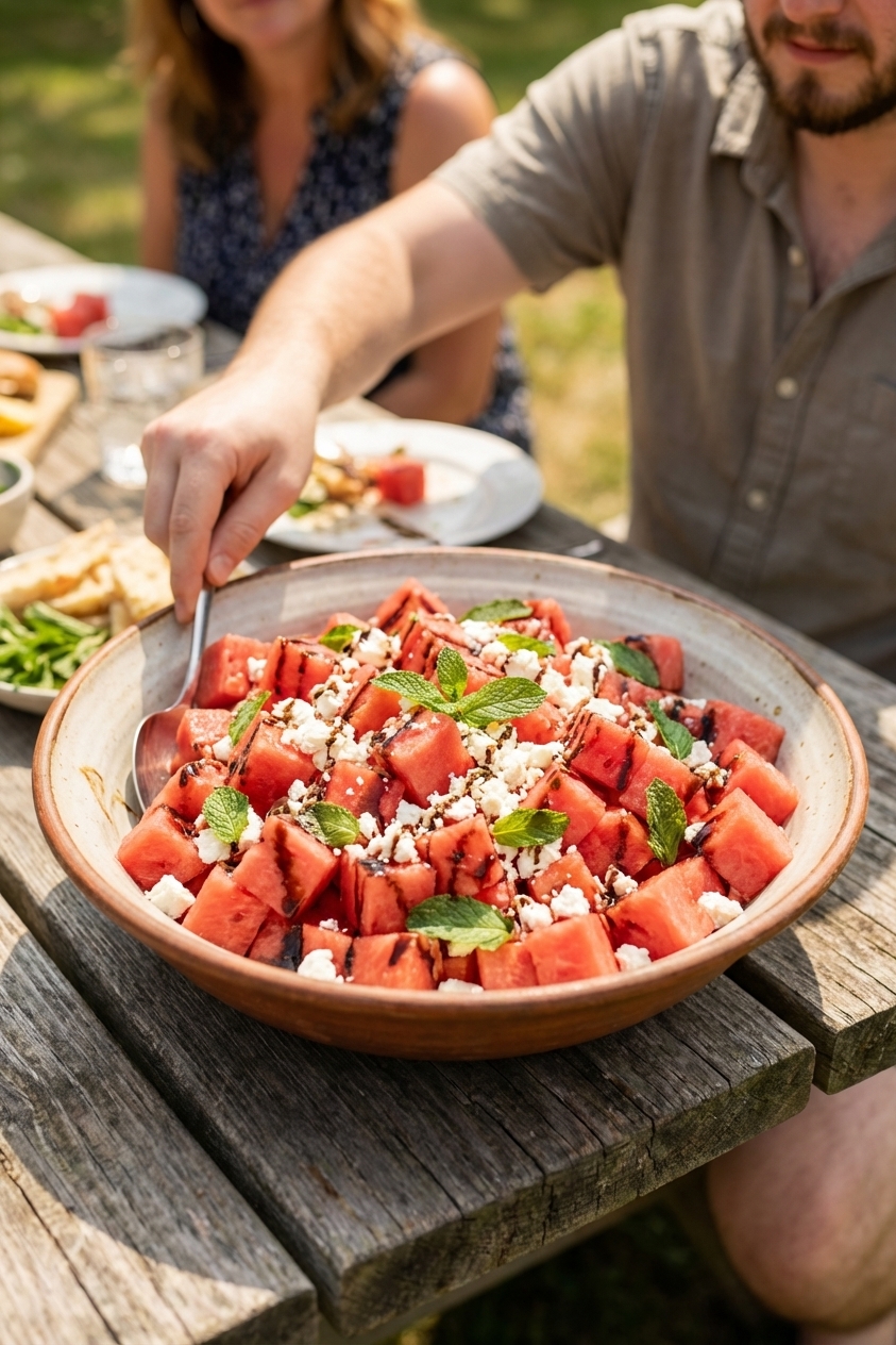 A large shallow serving bowl filled with cubed watermelon, crumbled feta, and fresh mint leaves, lightly drizzled with balsamic glaze, set on an outdoor picnic table in natural summer light, photorealistic food photography