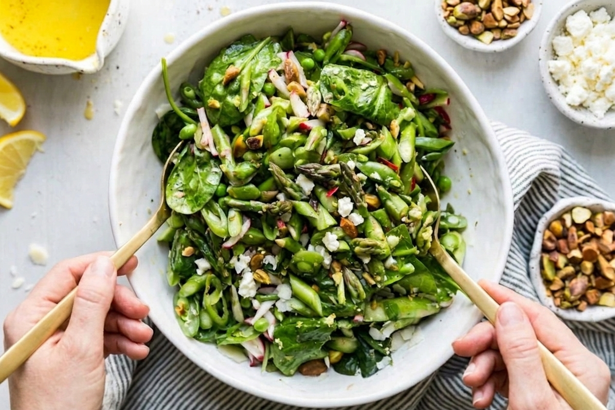 A large shallow serving bowl filled with spring salad including mixed greens, blanched asparagus pieces, snap peas, peas, sliced radishes, crumbled feta, and toasted almonds on a light stone kitchen table